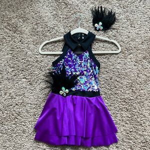Weissman girls’ dance costume IC purple and black with black feather detail
